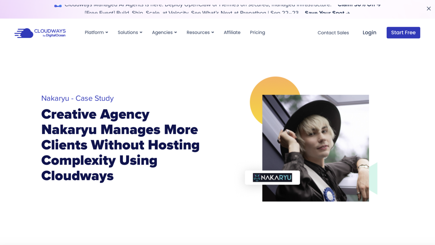Cloudways Case Study – Nakaryu 53 Screenshot der Cloudways-Website mit dem Titel Creative Agency und einer Frau am Computer.
